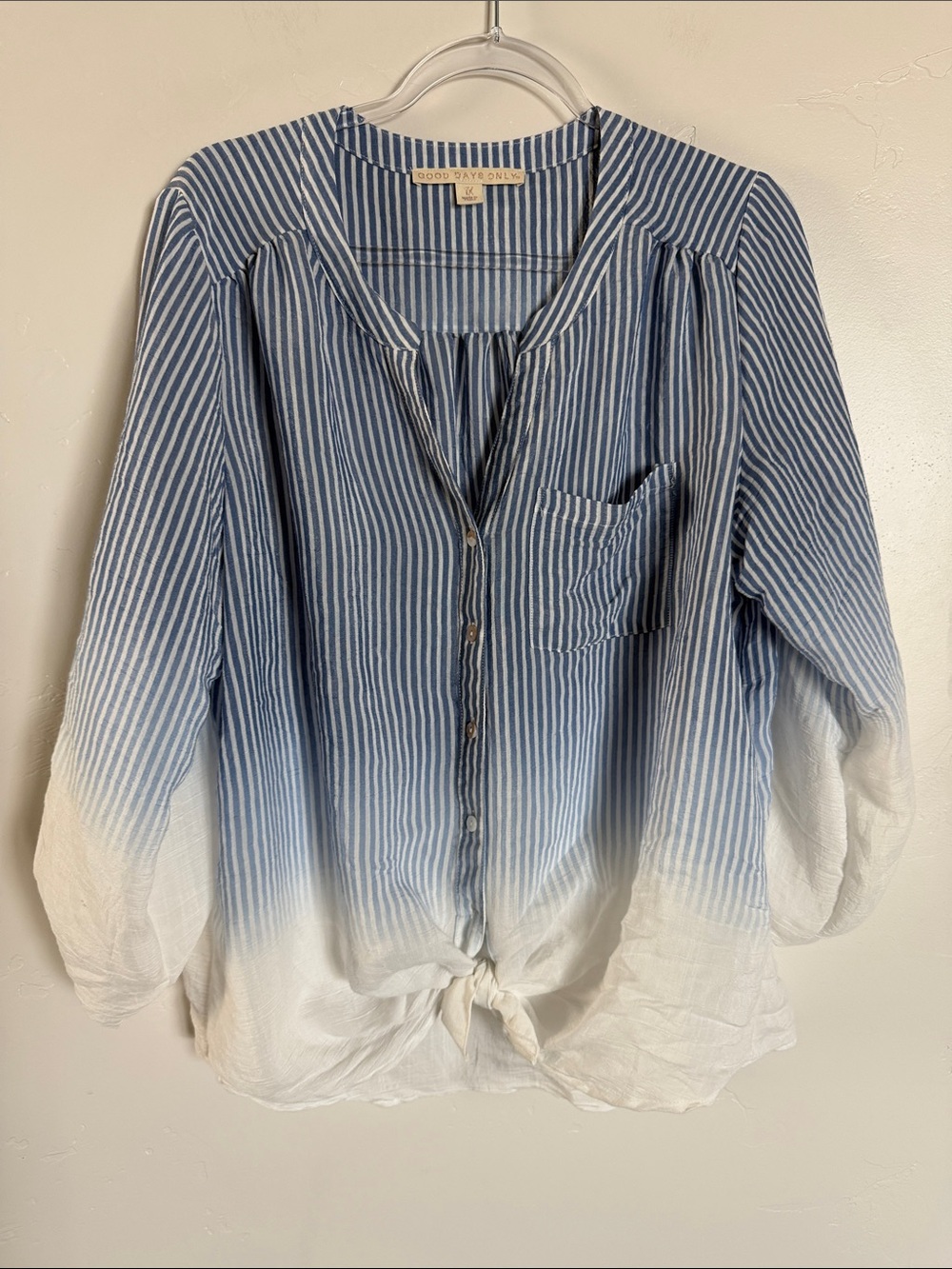 Striped Blue and White Button-Front Tie-Hem Women's Shirt